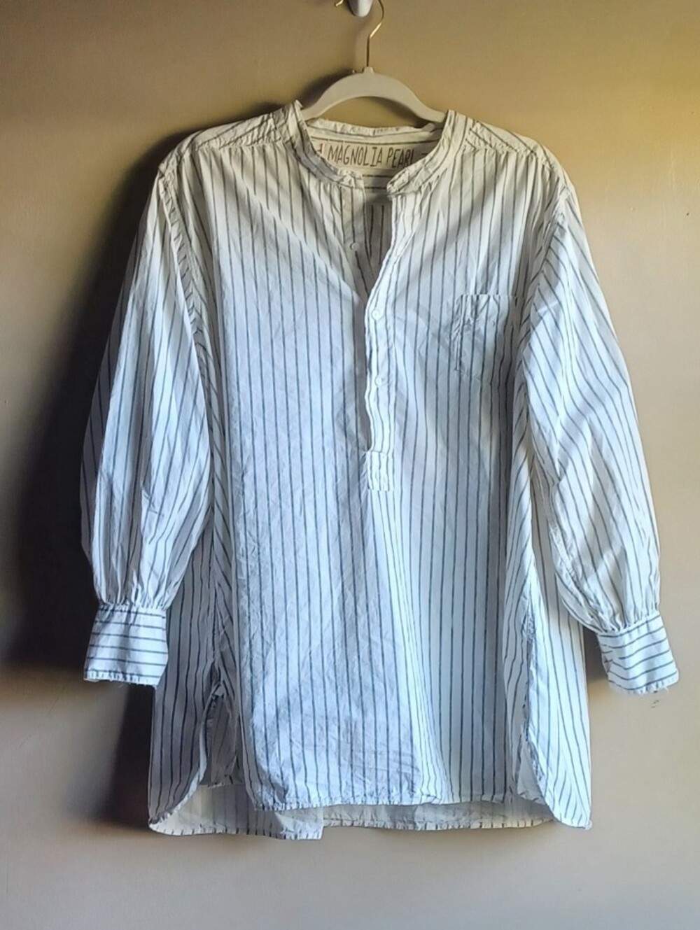 MAGNOLIA PEARL oversized Tunic Top  Off Whitr Button-down Shirt Band Collar OS